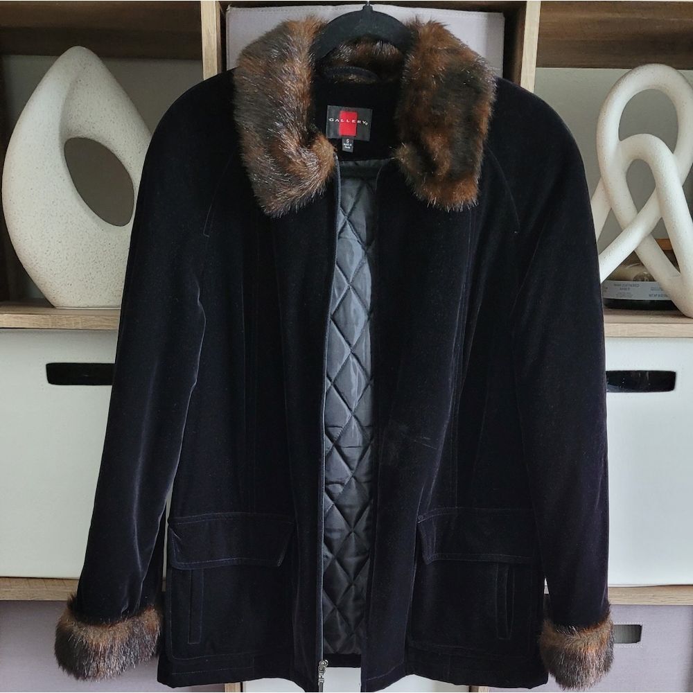 Black GALLERY Jacket with Faux Fur Trim Size Small - Picture 5 of 16